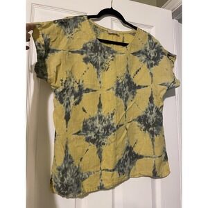 Bella Amore Blouse Womens M Yellow Linen Tie Dye Short Sleeve Boho Top Italy